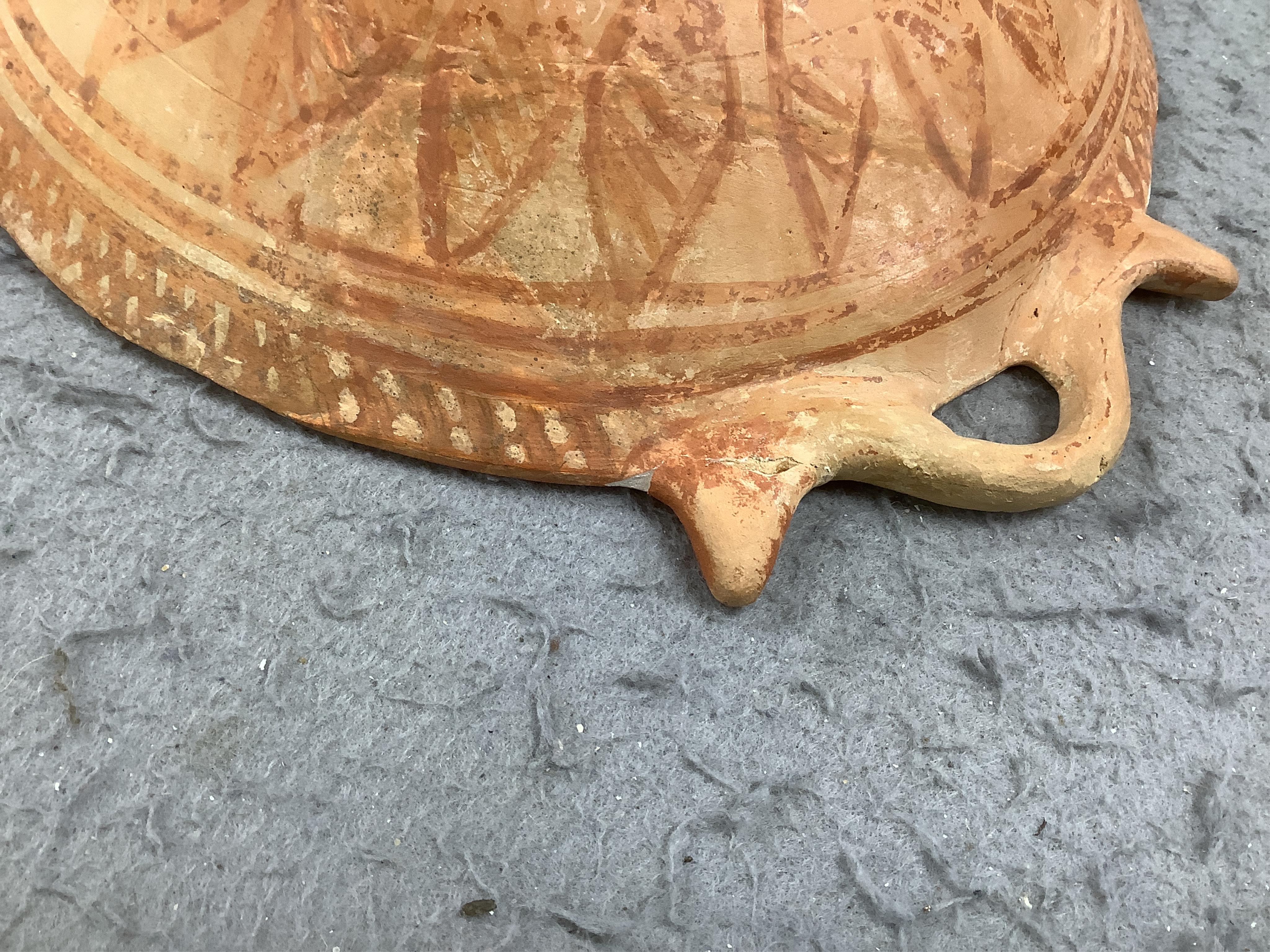 An Ancient Greek terracotta two-handled dish, circa 5th/4th century BC. Condition - good restored condition